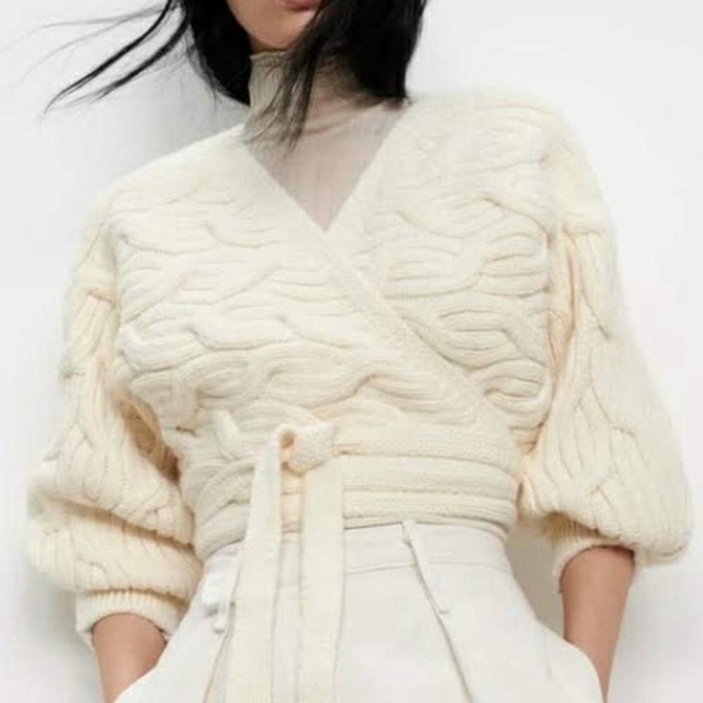 Zara Cropped Cable Knit Wrap Sweater